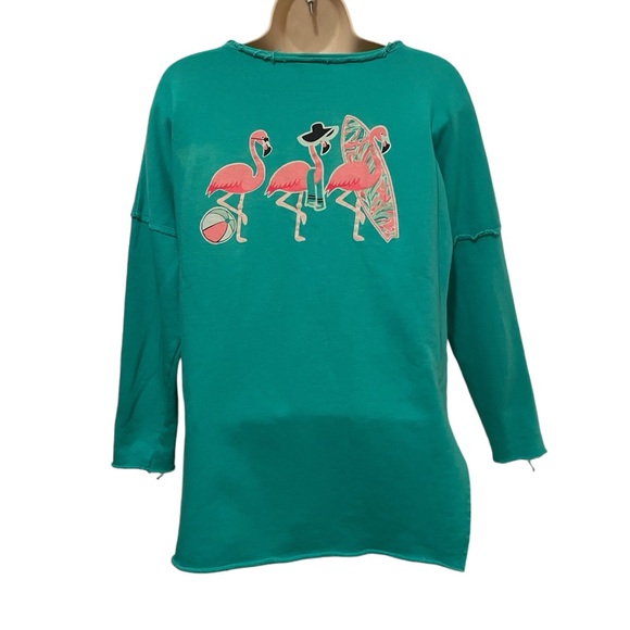 Crown and Ivy Flamingo Sweatshirt Top Teal Beach Size Small So Cute! - Picture 8 of 9